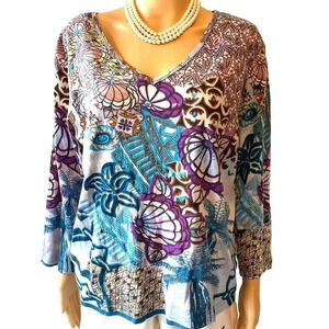 Le Mieux Studio V neck Floral Beach Summer Casual  Artsy Top Womens XL Stretch